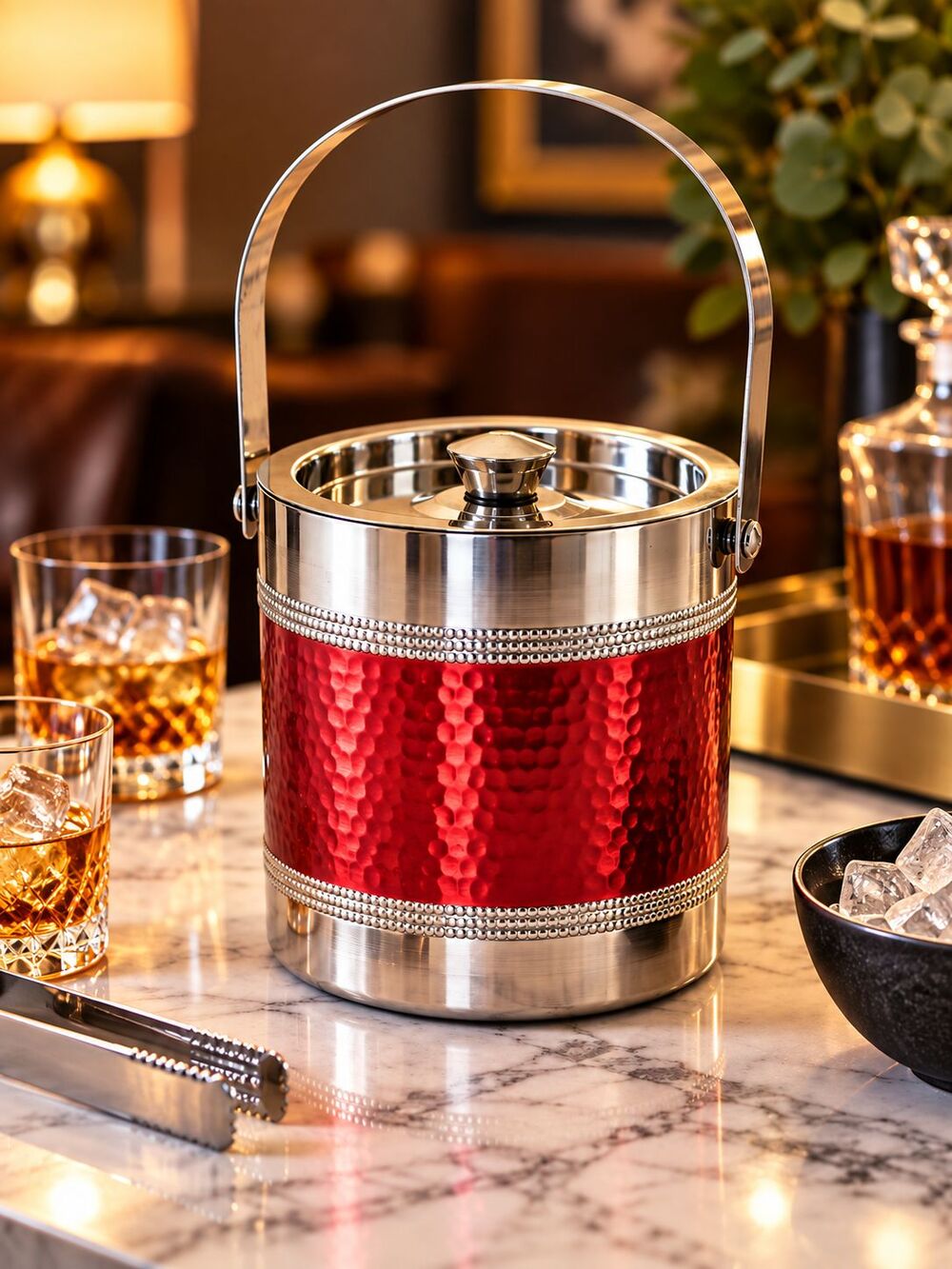 OGGI Vintage Red Hammered Metal Ice Bucket w Lid Handle Mid Century Barware